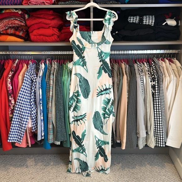 Unbranded white/green leaf print sleeveless scoop back front slit maxi dress S - Picture 2 of 2